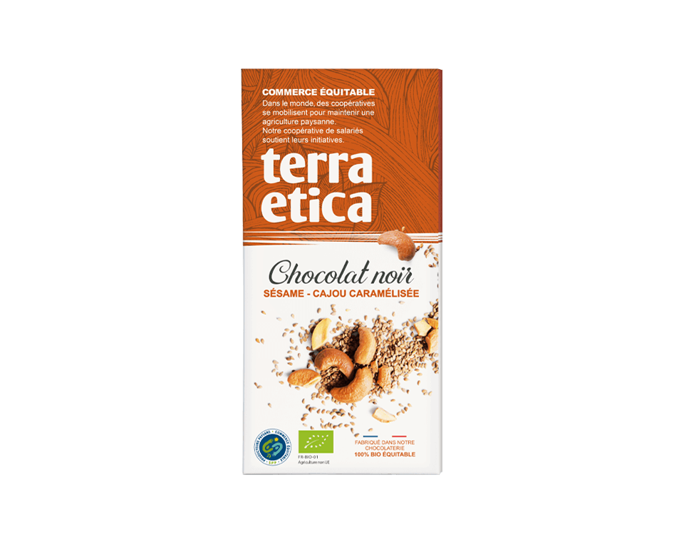 Tablette de chocolat noir Terra Etica au sésame et cajou caramélisée bio et issue du commerce équitable