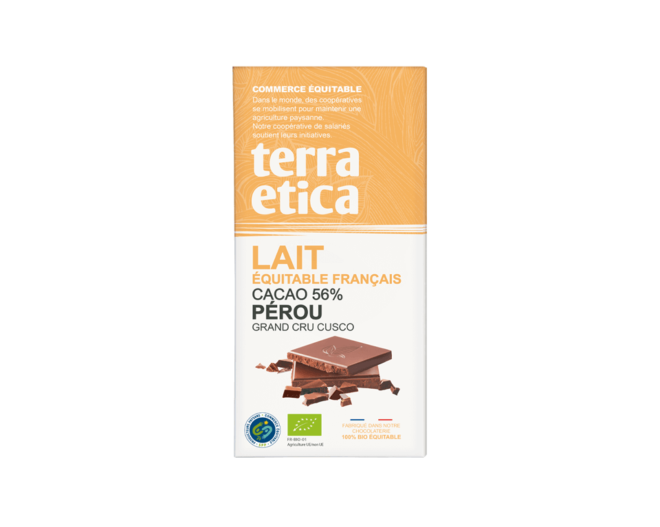 Chocolat bio Terra Etica au lait intense 56% cacao du Pérou issu du commerce équitable