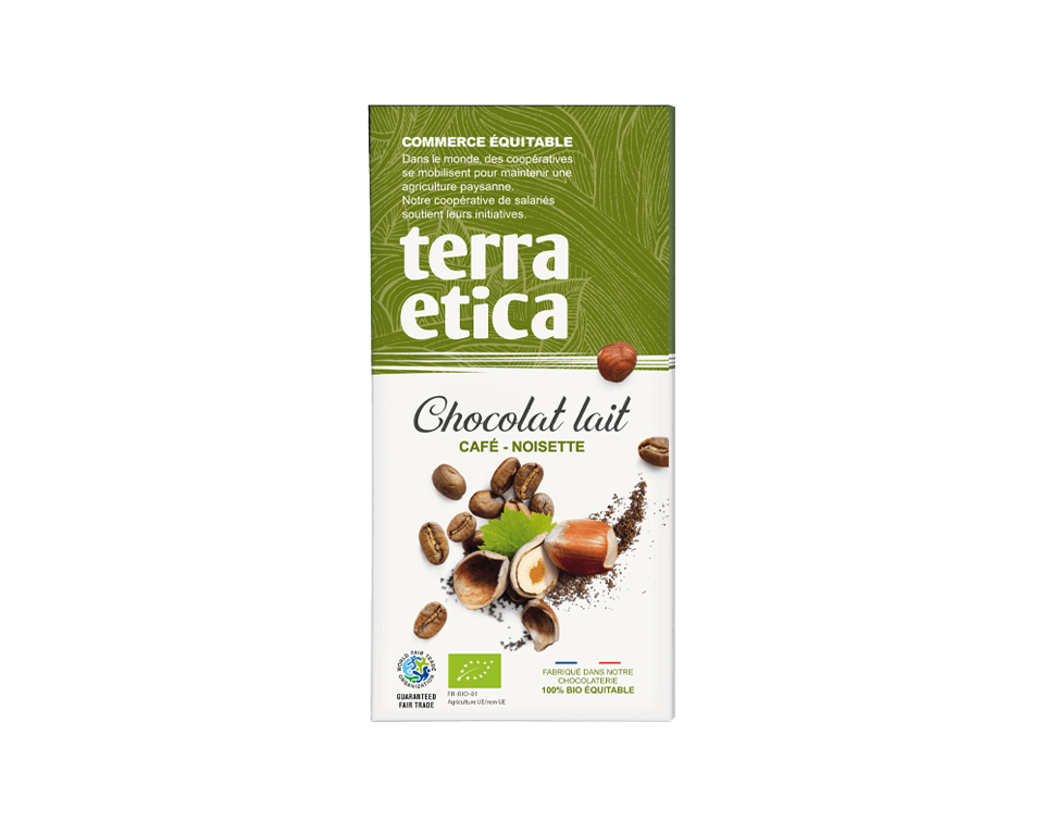 Chocolat au lait bio Terra Etica au café et noisette 47% cacao issu du commerce équitable