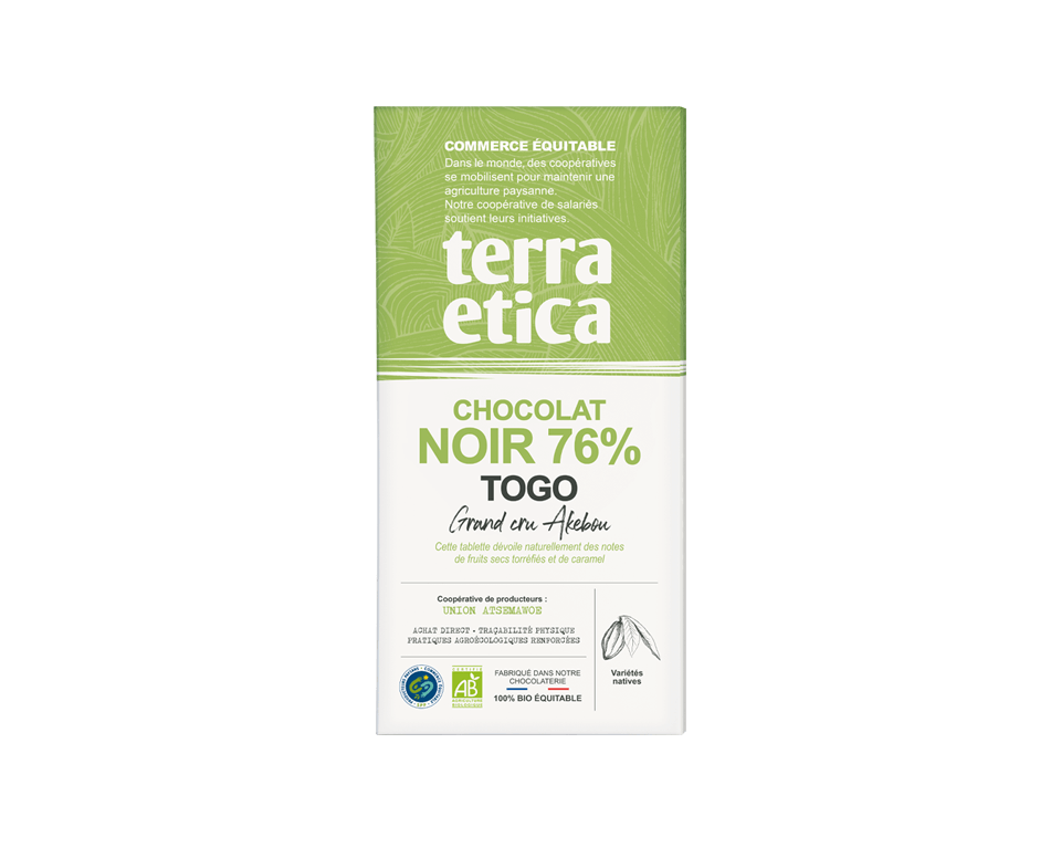 Chocolat Noir Terra Etica bio et équitable 76% de cacao du Togo issu du commerce équitable