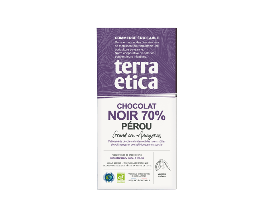 Chocolat noir bio 70% de cacao Pérou issu du commerce équitable