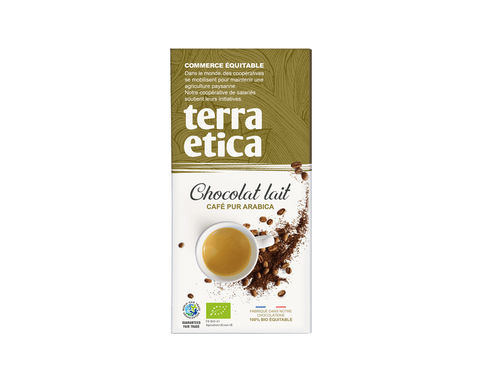 Chocolat lait café pur arabica Chocolat au lait café pur arabica avec 47% de cacao bio du Pérou issu du commerce équitable
