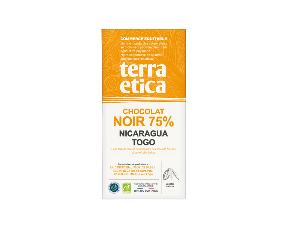 Chocolat noir bio 75% de cacao du Nicaragua et du Togo issu du Commerce Equitable I Terra Etica