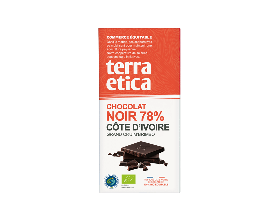 Chocolat Noir bio 78% de cacao de Côte d'Ivoire issu du commerce équitable I Terra Etica