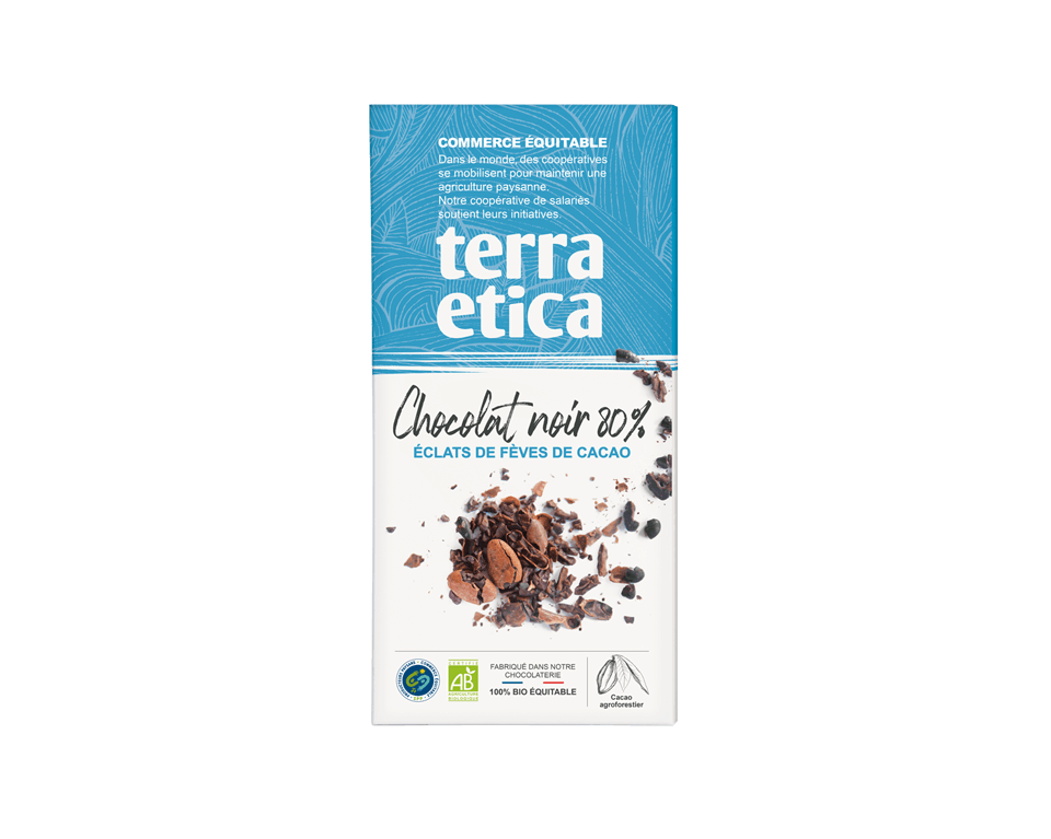 Tablette de chocolat noir Terra Etica aux éclats de fèves de cacao bio et issue du commerce équitable