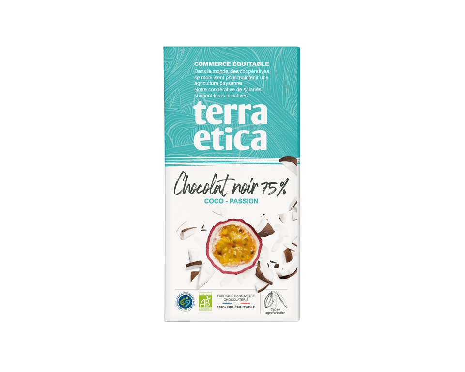Chocolat noir 75% coco passion Tablette de chocolat noir 75% de cacao Terra Etica coco passion bio et issue du commerce équitable