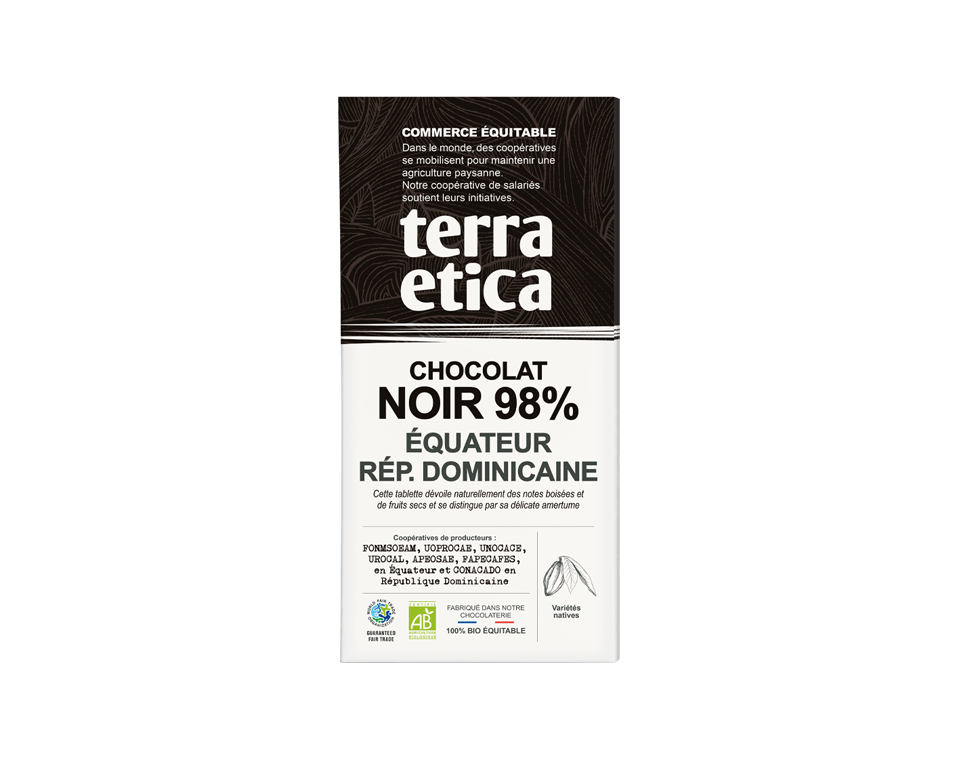 Chocolat Noir bio et équitable 98% cacao d'Équateur et de République Dominicaine - Terra Etica