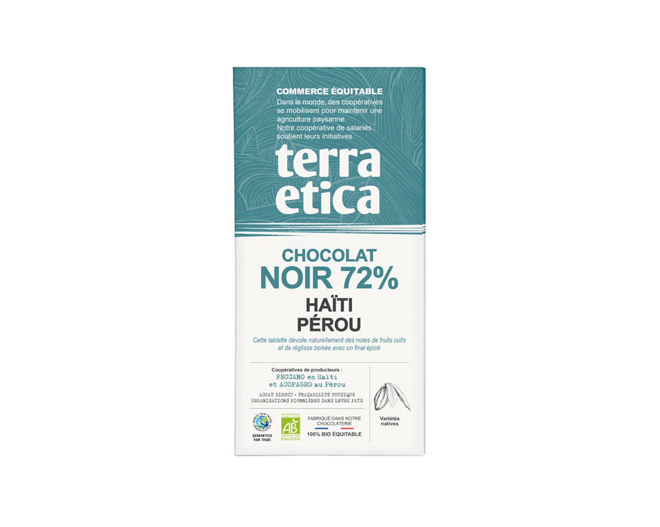 Chocolat Noir bio et équitable 72% cacao Haïti Pérou I Terra Etica