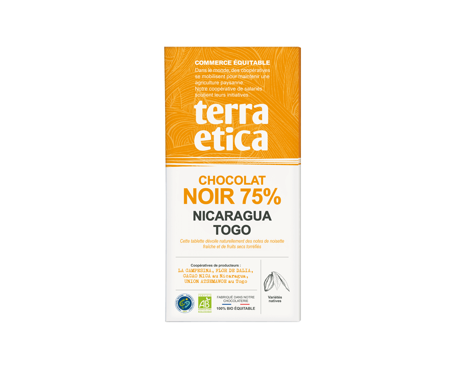 Chocolat Noir 75% Nicaragua Togo Chocolat noir bio 75% de cacao du Nicaragua et du Togo issu du Commerce Equitable I Terra Etica
