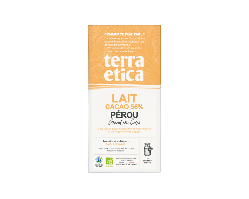 Chocolat bio Terra Etica au lait intense 56% cacao du Pérou issu du commerce équitable