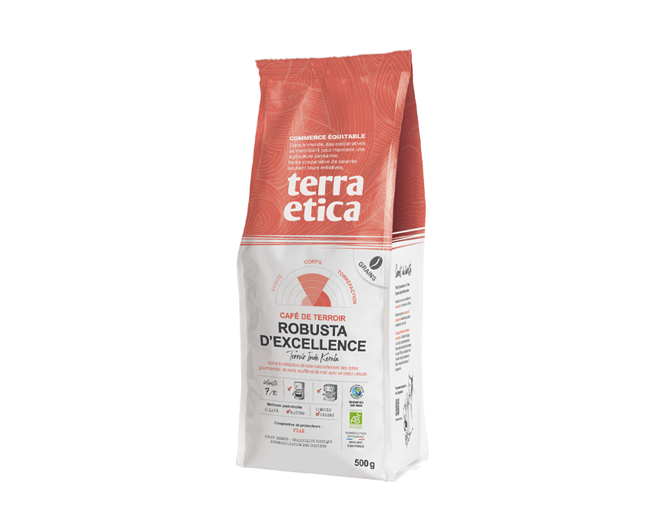 Robusta d'Excellence Grains 500g Café robusta d'excellence Inde Grains biologique et équitable, format 500g - Terra Etica