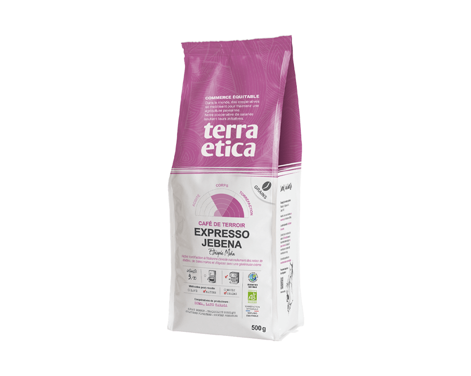 Expresso Jebena Grains 500g Café pur arabica Expresso Jebena d'Ethiopie en grains biologique et équitable en format 500g Terra Etica
