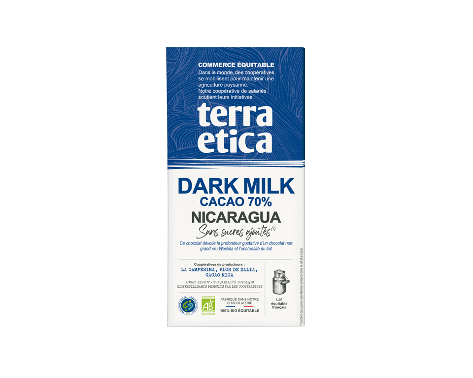 Chocolat au lait Dark Milk bio et équitable 70% cacao du Nicaragua sans sucres ajoutés - Terra Etica