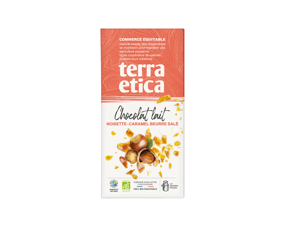 Chocolat au lait bio noisette caramel beurre salé 42% cacao issu du commerce équitable - Terra Etica