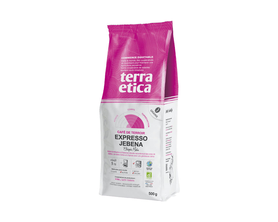 Café pur arabica Expresso Jebena d'Ethiopie en grains biologique et équitable en format 500g Terra Etica