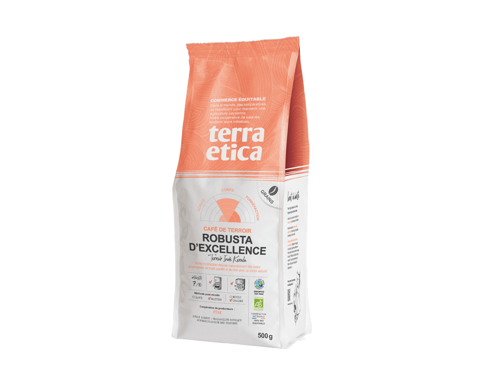 Café robusta d'excellence Inde Grains biologique et équitable, format 500g - Terra Etica