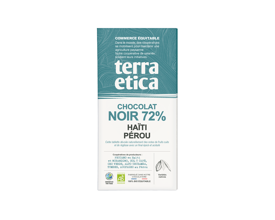 Chocolat Noir bio et équitable 72% cacao Haïti Pérou - Terra Etica Chocolat Noir bio et équitable 72% cacao Haïti Pérou - Terra Etica