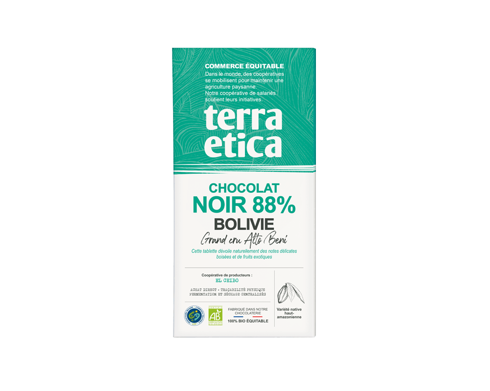 Chocolat Noir 88% Bolivie Chocolat Noir bio 88% de cacao de Bolivie issu du commerce équitable