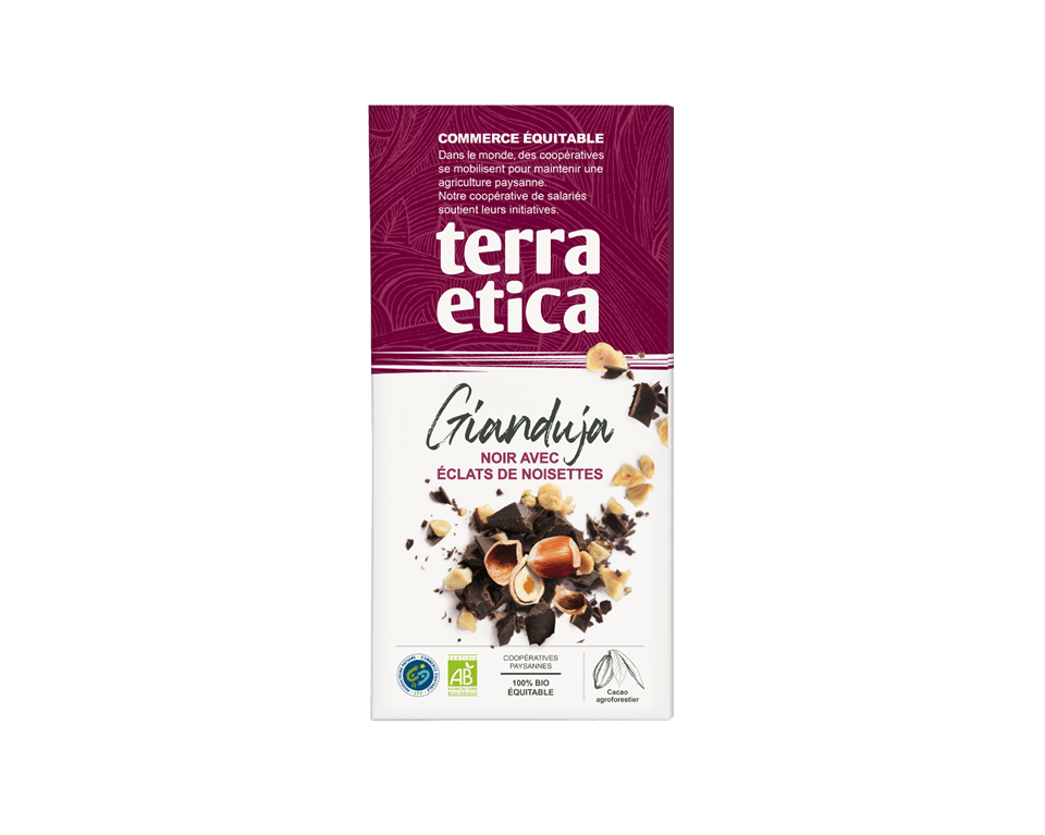 Gianduja Noir avec éclats de noisettes Chocolat Noir Gianduja bio aux éclats de noisettes issu du commerce équitable - Terra Etica