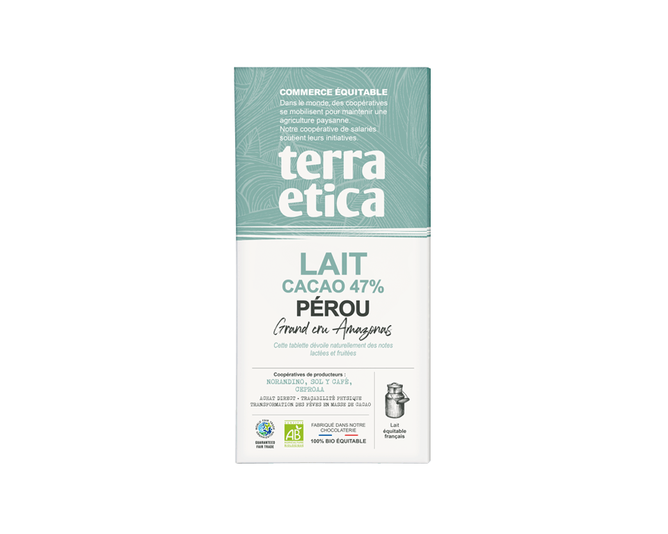 Chocolat Lait 47% cacao Pérou Chocolat au Lait français bio Terra Etica 47% cacao du Pérou issu du commerce équitable