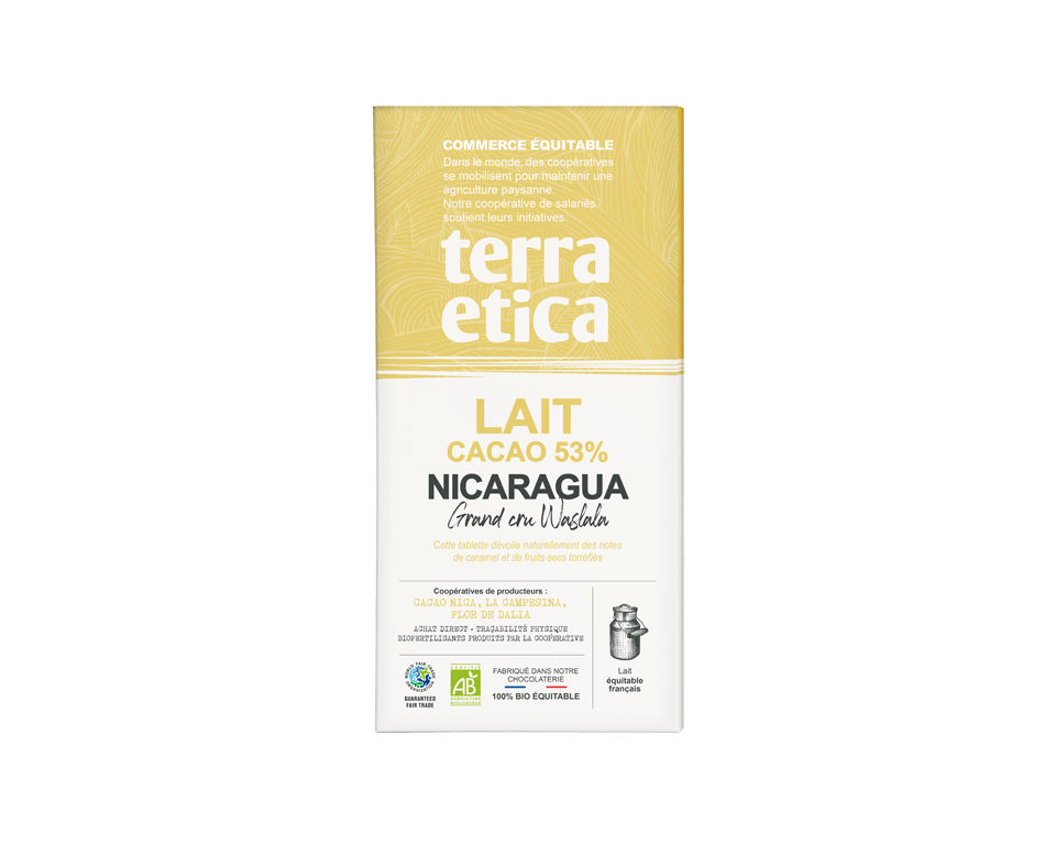 Chocolat Lait 53% Nicaragua Chocolat au lait 53% de cacao du Nicaragua bio et issu du commerce équitable - Terra Etica