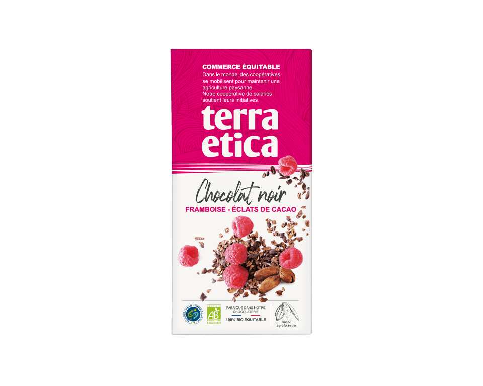 Chocolat noir framboise - éclats de cacao Chocolat noir bio à la framboise et éclats de cacao issu du Commerce équitable - Terra Etica