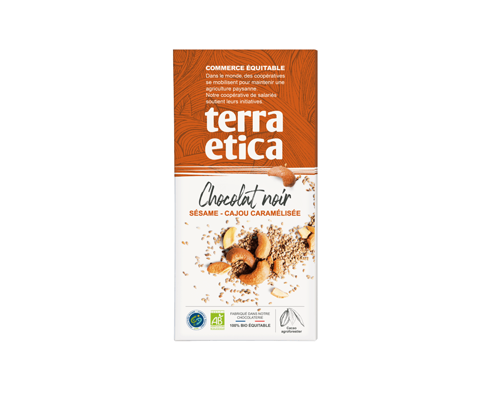 Chocolat noir sésame - cajou caramélisée Chocolat noir au sésame et cajou caramélisée bio et issu du commerce équitable - Terra Etica