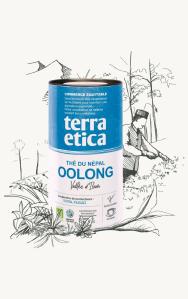 Photo de la boite de thé oolong entourée d'illustrations